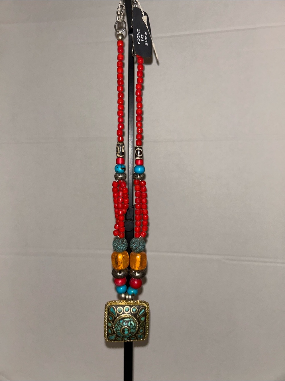 Beaded Red Turquoise Pendant Necklace - Handcrafted Ethnic Style